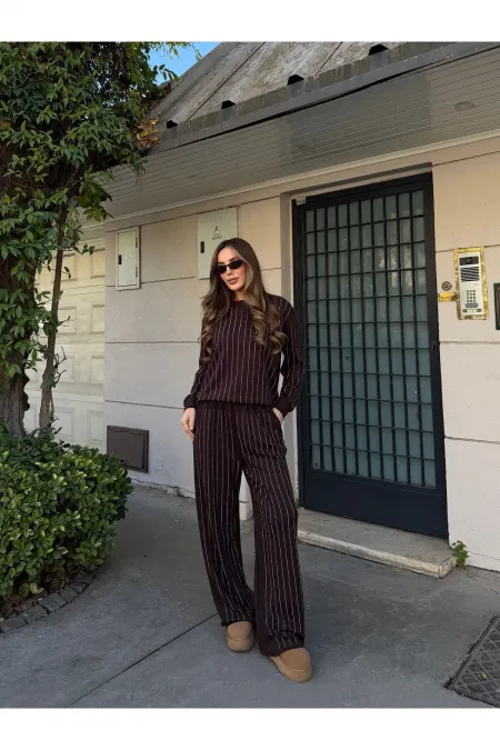 Kahverengi Taşlı Bluz Pantolon Takım - 0766