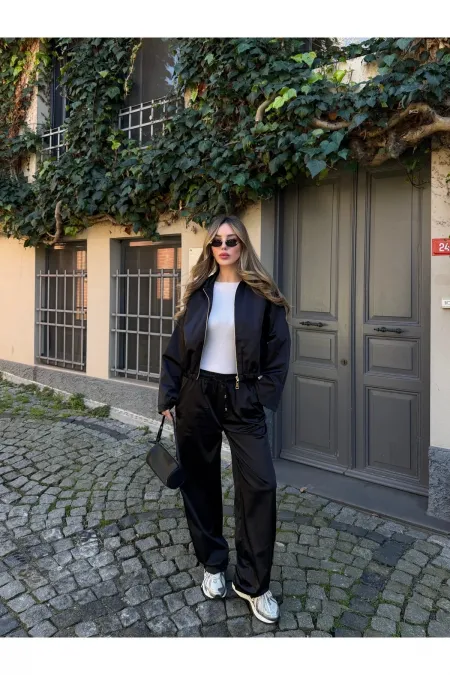 Siyah Bomber Saten Ceket Pantolon Takım - 9663 - 51229