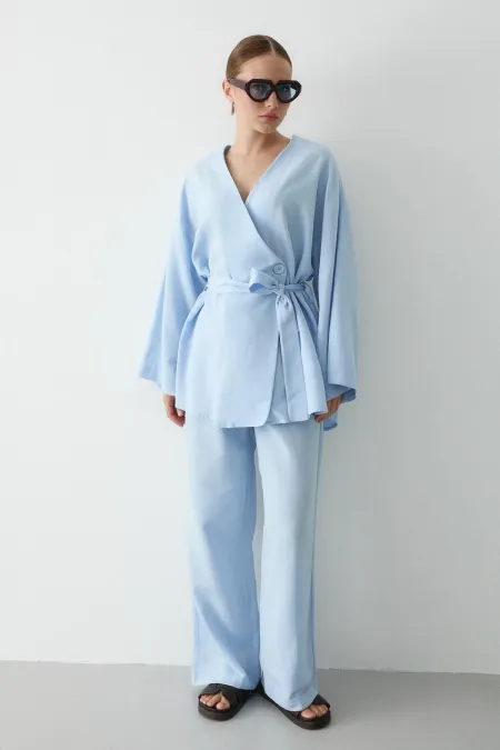 Mavi Pamuklu Kimono Bol Paça Pantolon Takım