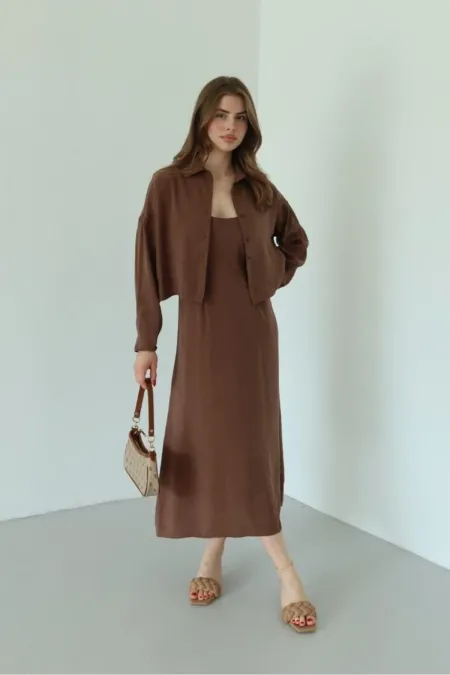 Ensemble robe-chemise en modal marron