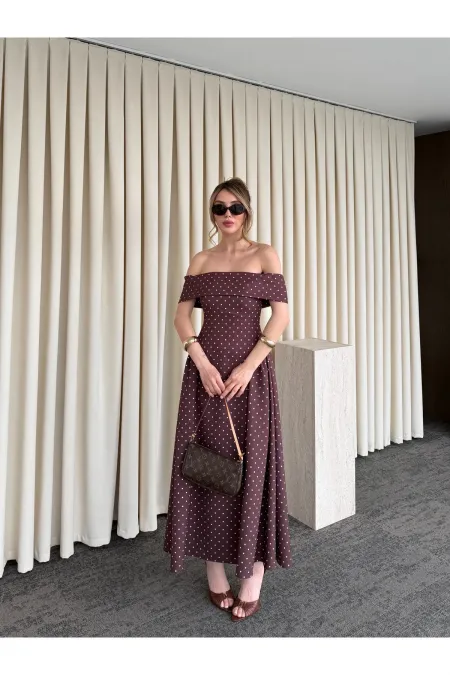 Robe midi marron à pois Madonna Neck - 00888