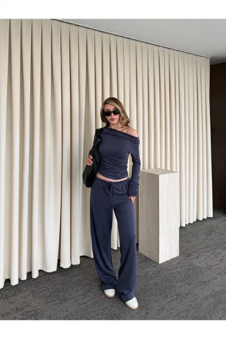 İndigo Kayık Yaka Modal İkili Takım - 7323