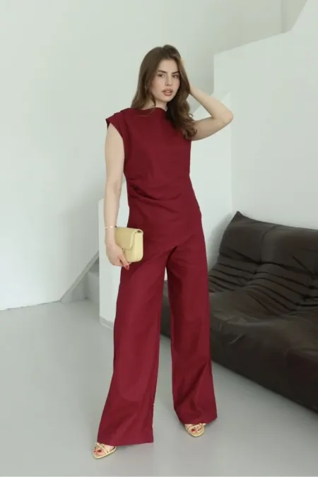 Ensemble chemisier et pantalon asymétriques bordeaux - 7227