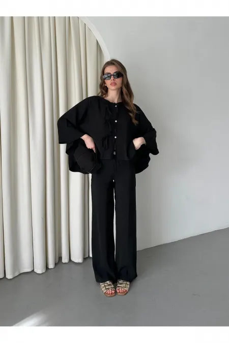 Black Batwing Sleeve Set with Lace-up Button Detail Black Batwing Sleeve Set with Lace-up Button Detail
