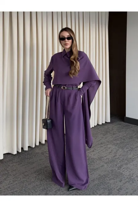Ensemble chemise et pantalon violet à col châle et ceinture - 8004