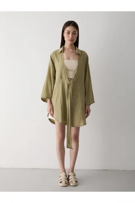 Haki Flam Keten Kimono Gömlek