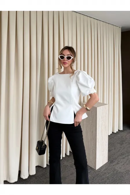Off-White Blouse with Pearl Bow Detail on Sleeves - 5001