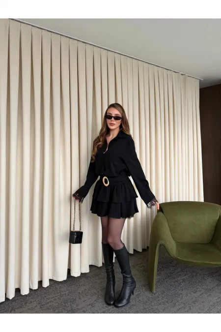 Robe noire à ourlet en dentelle - 35518