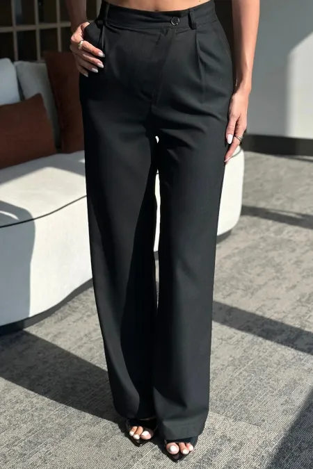 Pantalon en tissu noir avec boutons croisés sur le devant - 3442