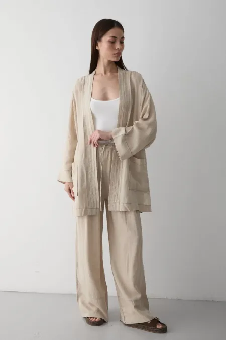 Ensemble kimono 100 % coton naturel avec poches et ceinture - 8491