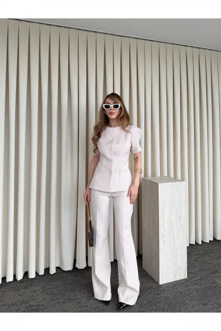 Bej Balon Kol Düğmeli Ceket Pantolon Takım - 0440