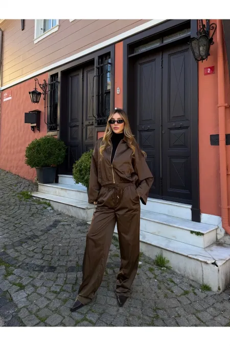 Kahverengi Bomber Saten Ceket Pantolon Takım - 9663 - 51229