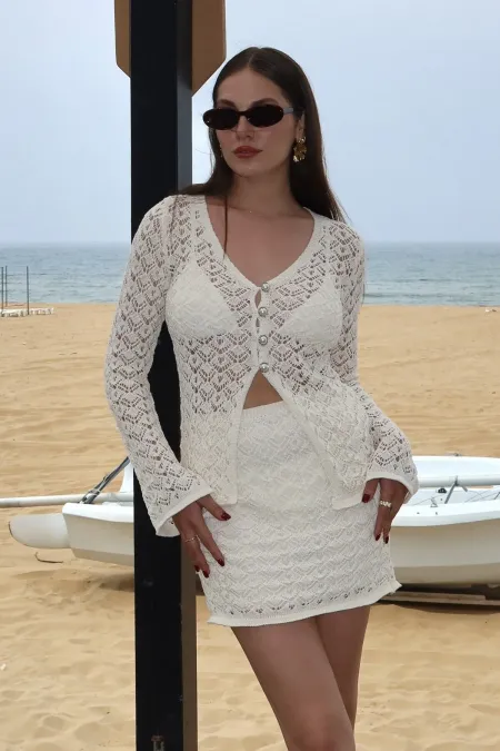 Ensemble cardigan et jupe écru à boutons nacrés - 7221