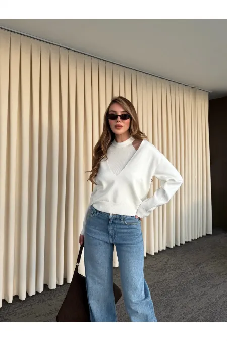 Ekru İkili V Yaka Kazak - 251206