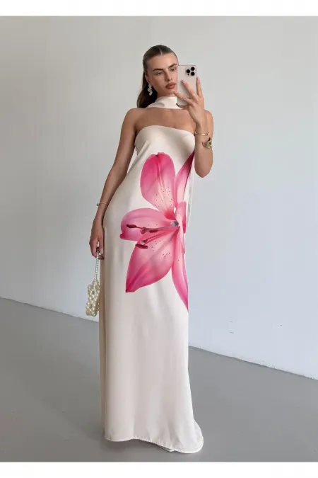 Cream Strapless Floral Print Long Dress