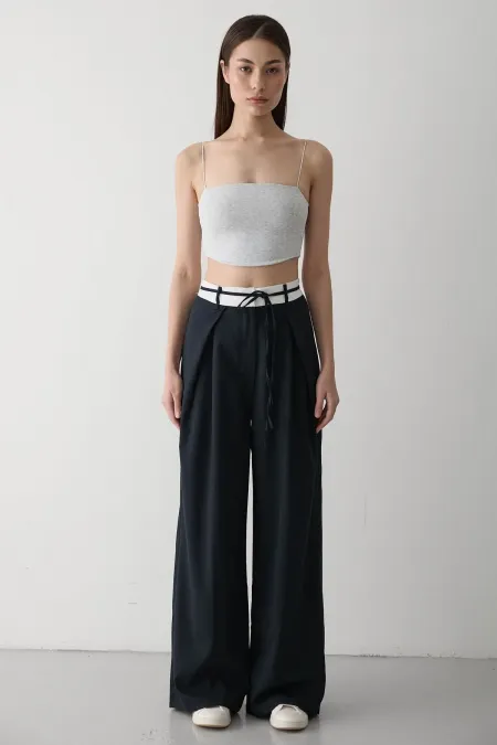 Pantalon de créateur bleu marine avec ceinture à cordon - 3576