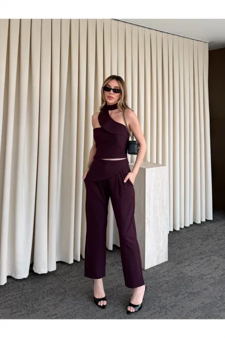 Mürdüm Tek Omuz Tasarım Yaka Bluz Pantolon Takım - 8003