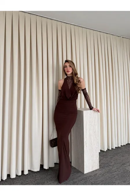 Kahverengi Degaje Yaka Dantel Eldivenli Elbise - 20117