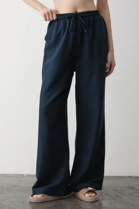 Navy Blue Wide Leg Trousers with Elastic Waistband