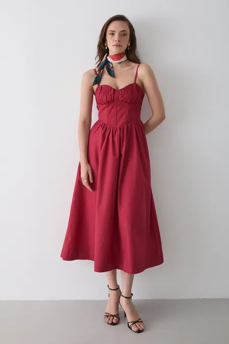 Kırmızı Bel Detaylı Poplin Elbise - 2001