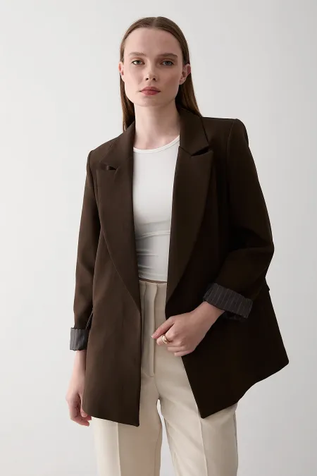 Brown Striped Lined Blazer Jacket with Fold-Up Sleeves - 7560 Brown Striped Lined Blazer Jacket with Fold-Up Sleeves - 7560
