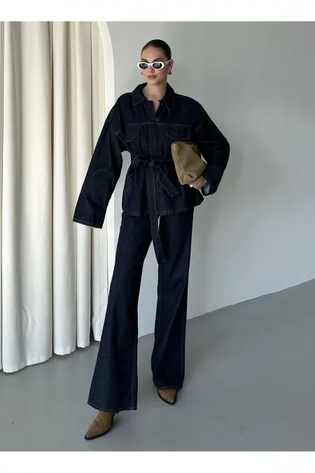 Navy Blue Tie-Up Denim Jacket and Pants Set