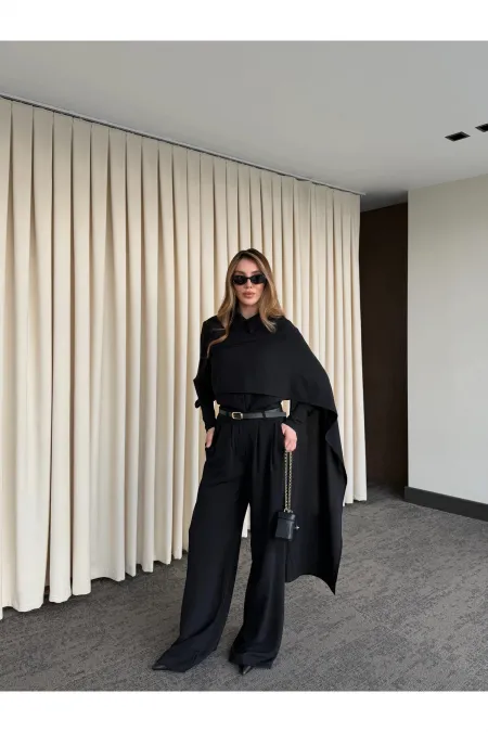 Siyah Kemerli Şal Yaka Gömlek Pantolon Takım - 8004