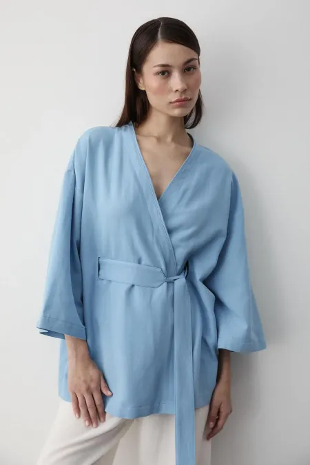 Mavi Yarım Kol İçten Kemerli Kimono - 5383