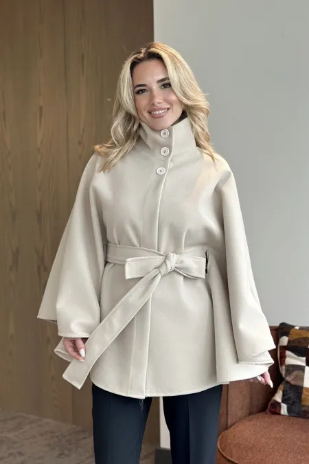 Cream Buttoned Belted Cashmere Poncho - 2055 Cream Buttoned Belted Cashmere Poncho - 2055