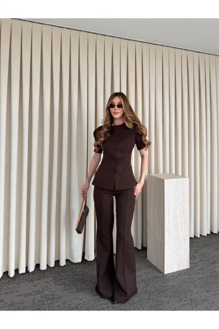 Kahverengi Balon Kol Düğmeli Ceket Pantolon Takım - 0440