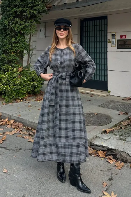 Grey Plaid Belted Long Dress - 1235 Grey Plaid Belted Long Dress - 1235