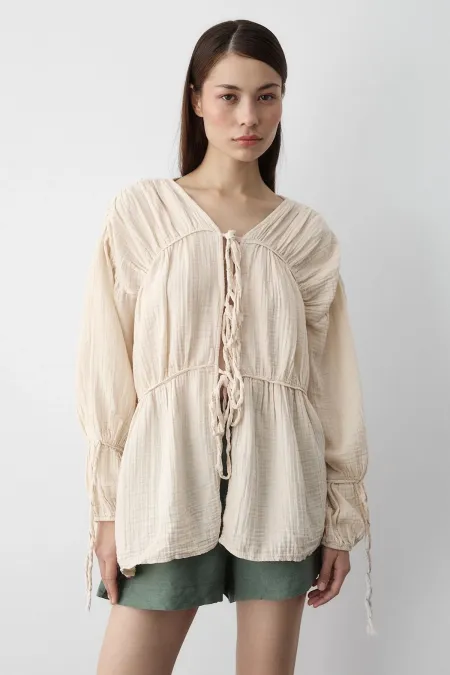 Natural 100% Cotton Muslin Shirt with Elasticated Sleeves Natural 100% Cotton Muslin Shirt with Elasticated Sleeves