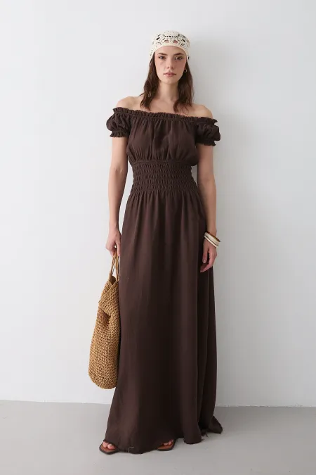 Kahverengi Büzgülü Elbise - 2002
