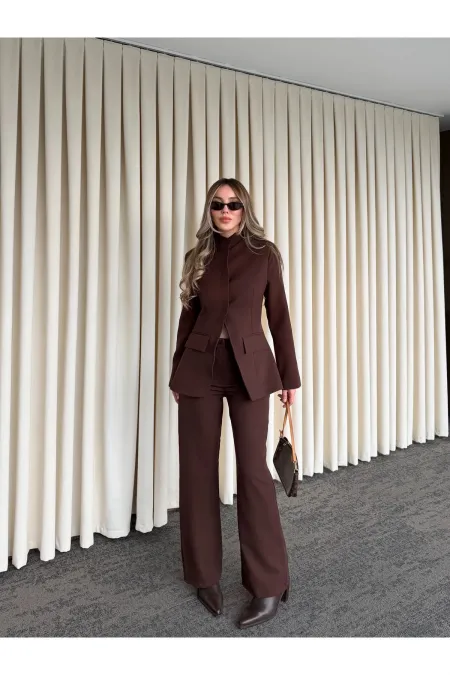 Kahverengi Hakim Yaka Ceket Pantolon Takım - 7100