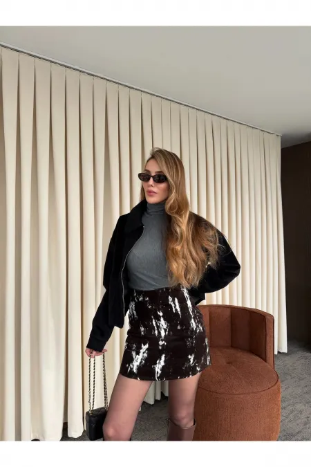 Kahverengi - Beyaz Flok Baskılı Etek - 261002