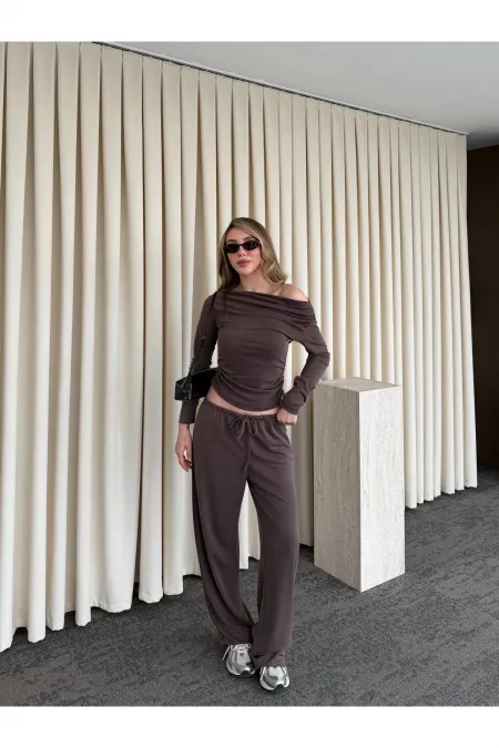 Kahverengi Kayık Yaka Modal İkili Takım - 7323