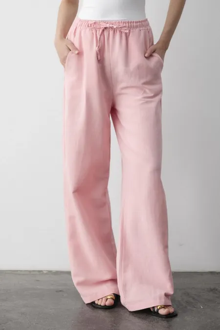 Pantalon rose en coton et lin avec taille élastique