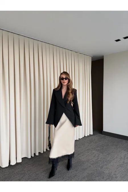 Siyah Kruvaze Tek Düğmeli Ceket - 7011