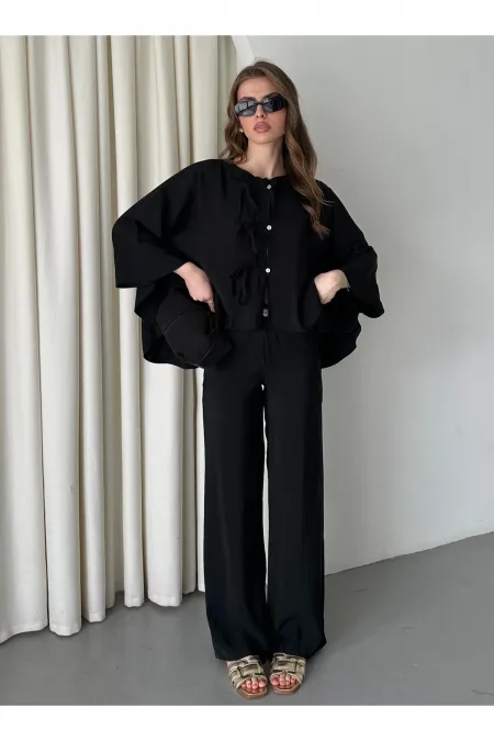 Ensemble chemisier et pantalon noirs avec détails de surpiqûres au col - 9002