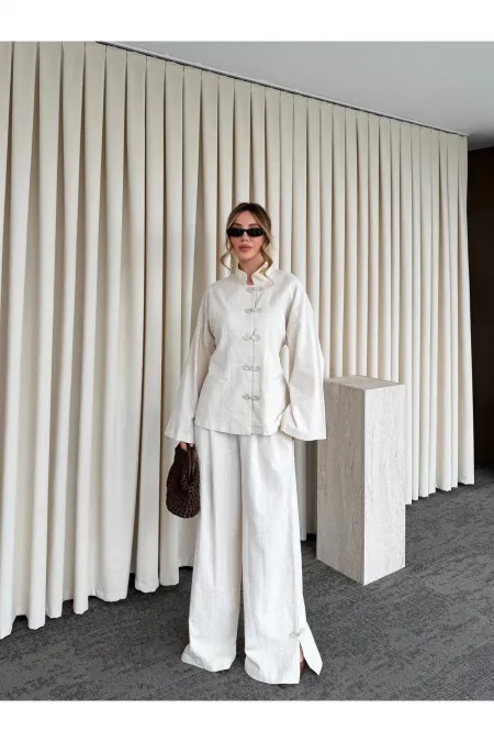 Natural Nakış Düğmeli Kimono Takım - 60624