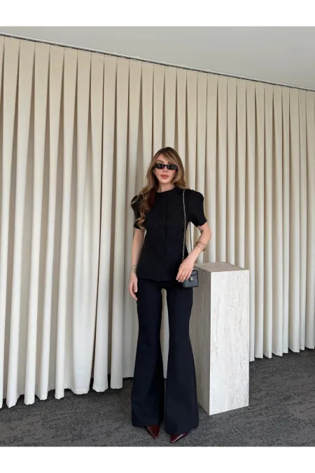 Siyah Balon Kol Düğmeli Ceket Pantolon Takım - 0440