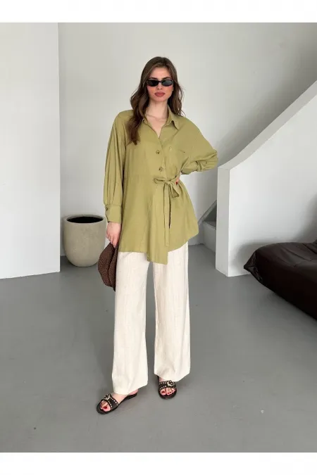 Haki %100 Pamuk Çapraz Düğmeli Beli Kemerli Gömlek