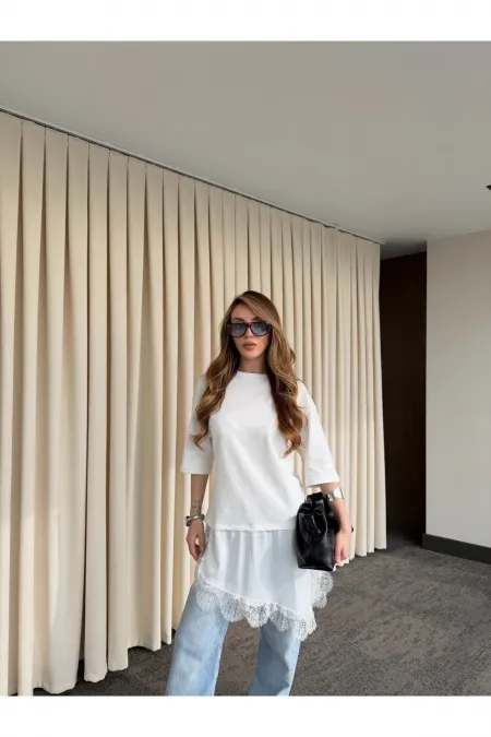 Beyaz Asimetrik Dantelli Bluz - 0771