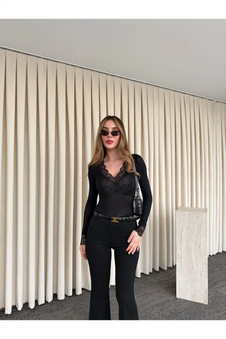 Black Cashmere Textured Blouse with Lace Detail and V-Neck - 1727 Black Cashmere Textured Blouse with Lace Detail and V-Neck - 1727