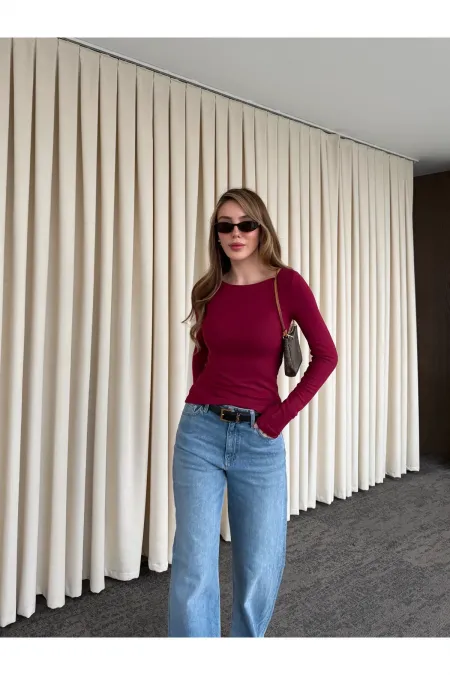 Body bordeaux à col rond et manches longues - 0098