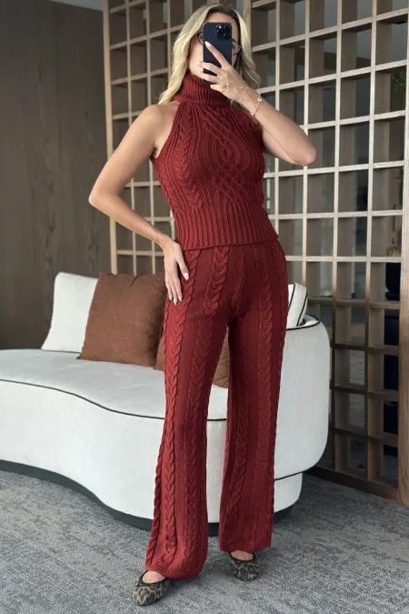 Ensemble chemisier sans manches et pantalon bordeaux - 3009