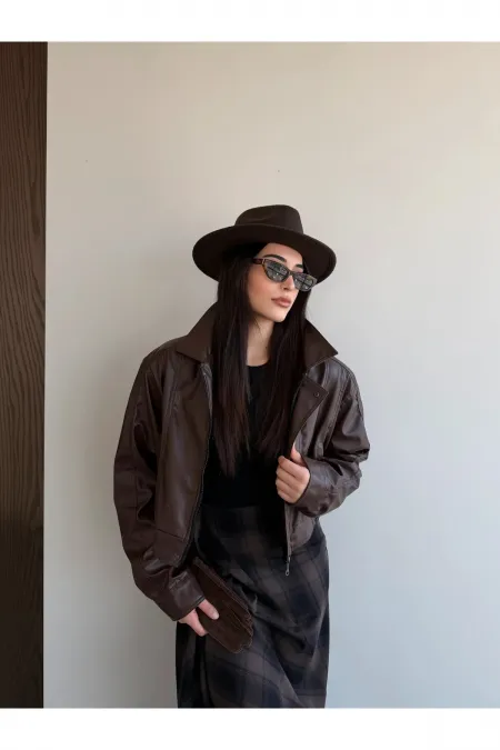 Kahverengi Fermuarlı Deri Ceket - 2617