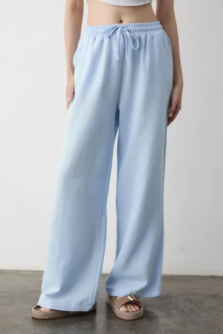 Blue Wide Leg Trousers with Elastic Waistband