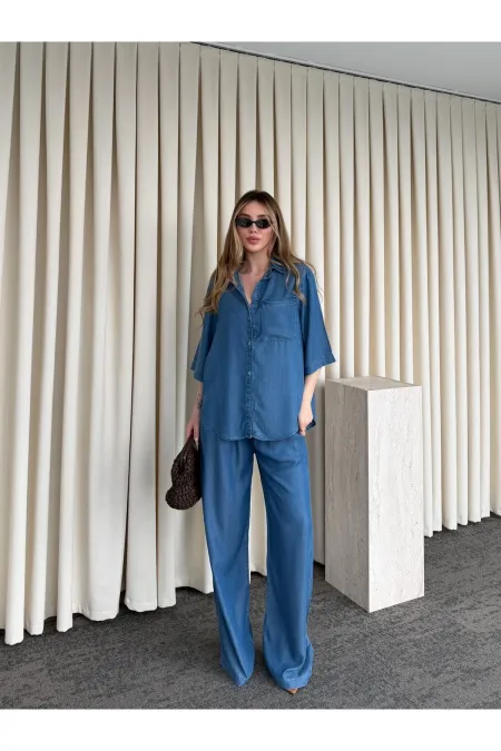 Mavi Tensel Kumaş Gömlek Pantolon Takım - 0926