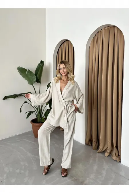 Stone Detailed Side Tie Linen Kimono Set